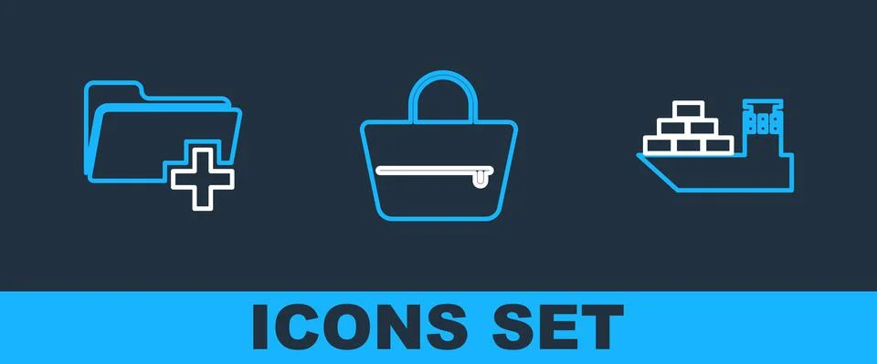 Set line Cargo ship, Add new folder and Handbag icon. Vector Stock Illustration