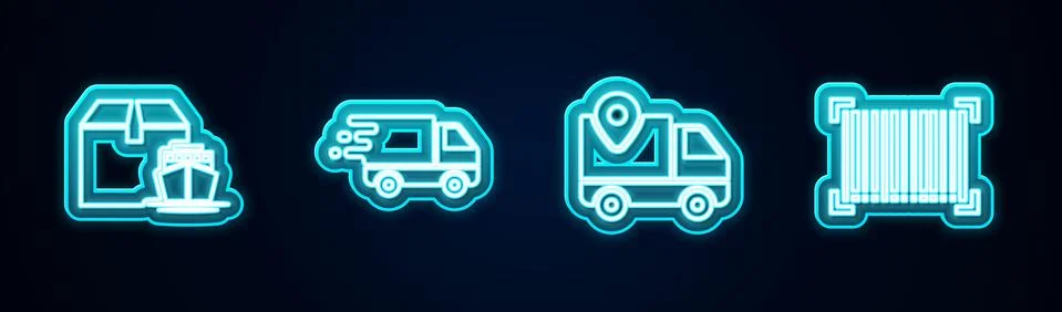 Set line Cargo ship with boxes, Delivery truck in movement, tracking and Barcode イラスト素材