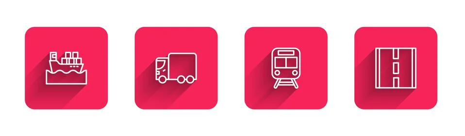 Set line Cargo ship with boxes, Delivery cargo truck, Train and railway and Road 库存插图