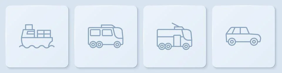 Set line Cargo ship with boxes delivery, Trolleybus, Bus and . White square Illustrazione stock