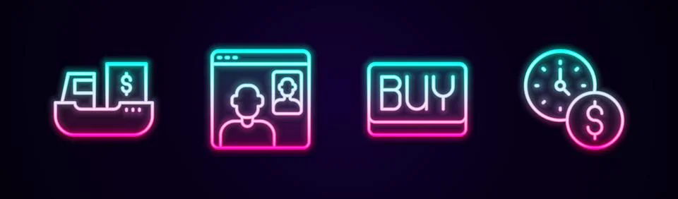 Set line Cargo ship with boxes delivery, Video chat conference, Buy button and Stockillustratie