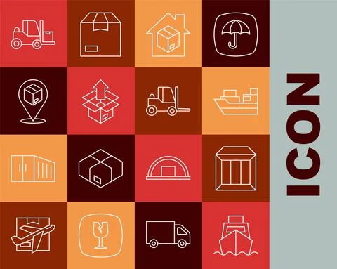 Set line Cargo ship with boxes delivery, Carton cardboard, Home services Stockillustratie