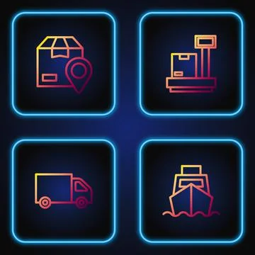 Set line Cargo ship with boxes delivery, Delivery cargo truck, Location Illustrazione stock