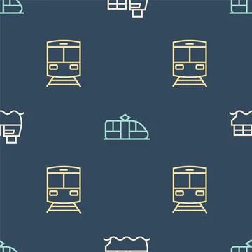 Set line Cargo ship with boxes delivery, Train and railway and Tram on seamless Illustrazione stock