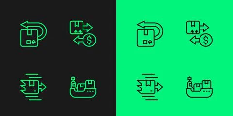 Set line Cargo ship with boxes delivery, Carton cardboard, Return and Tax icon Stock Illustration