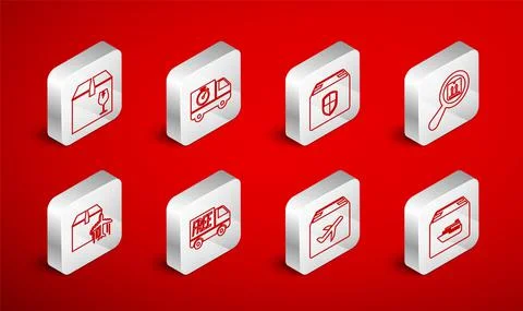 Set line Cargo ship with boxes, Delivery truck and stopwatch, security shield Illustrazione stock