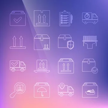 Set line Cargo ship with boxes, Package check mark, Scanner scanning bar code Stock-Illustration