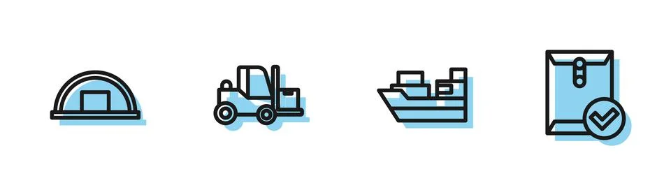 Set line Cargo ship with boxes delivery, Warehouse, Forklift truck and Envelope Stockillustratie