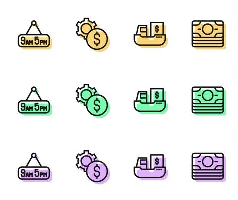 Set line Cargo ship with boxes delivery, From 9 to 5 job, Gear dollar symbol and Illustration