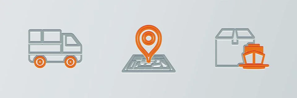 Set line Cargo ship with boxes, Delivery truck and Placeholder on map icon 스톡 일러스트