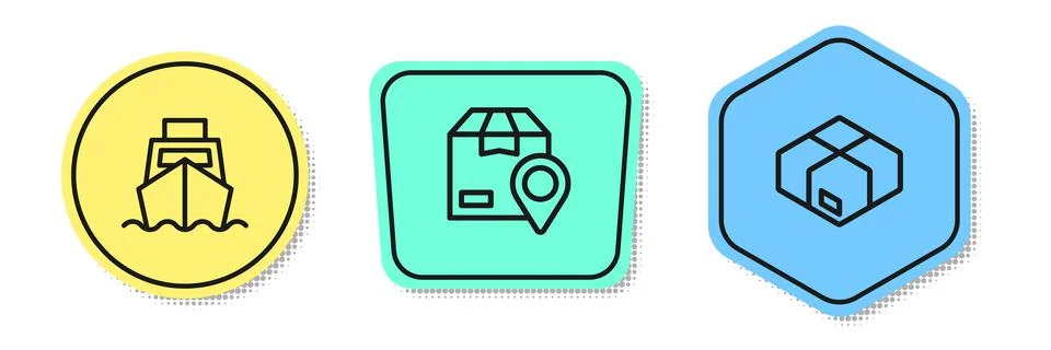 Set line Cargo ship with boxes delivery, Location cardboard and Carton. Colored Stock Illustration