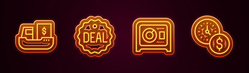 Set line Cargo ship with boxes delivery, Deal, Safe and Time is money. Glowing Stock Illustration