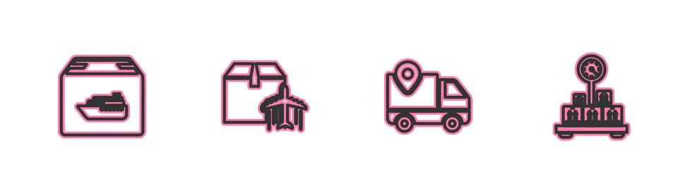 Set line Cargo ship with boxes, Delivery tracking, Plane and cardboard and Scale 스톡 일러스트