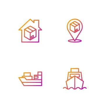 Set line Cargo ship with boxes delivery, Home services and Location cardboard Stock Illustration