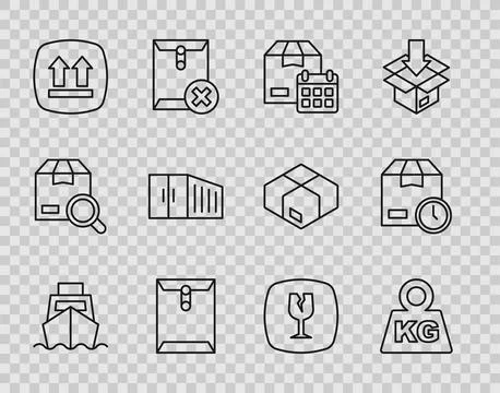 Set line Cargo ship with boxes delivery, Weight, Cardboard calendar, Envelope Stock Illustration