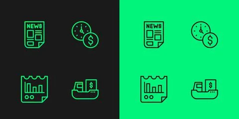 Set line Cargo ship with boxes delivery, Document graph chart, News and Time is イラスト素材