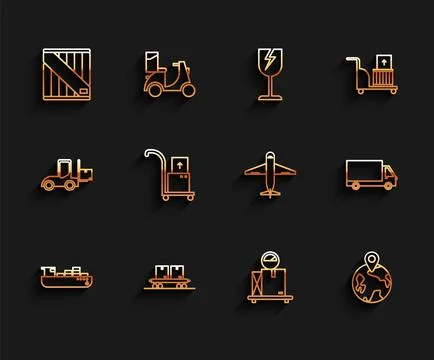 Set line Cargo ship with boxes delivery service, Railway carriage, Wooden, Sc Illustrazione stock