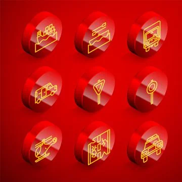 Set line Cargo ship with boxes, Boat oars, Delivery cargo truck, Minibus, Roa Stock Illustration