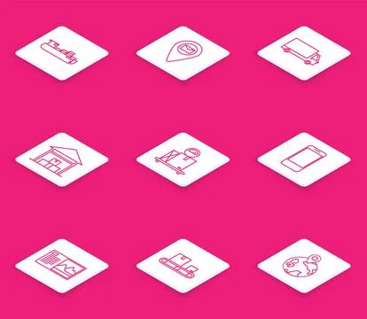 Set line Cargo ship with boxes delivery service, Placeholder on map paper, De Stock Illustration