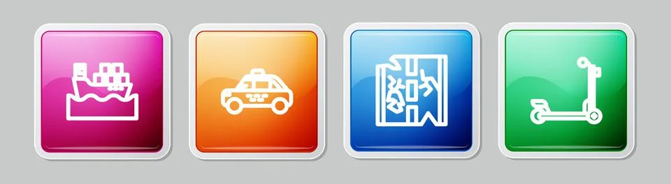 Set line Cargo ship with boxes, Taxi car, Broken road and Scooter. Colorful s 库存插图