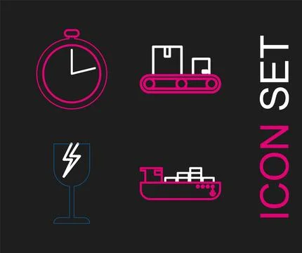 Set line Cargo ship with boxes delivery service, Fragile broken glass symbol Illustrazione stock