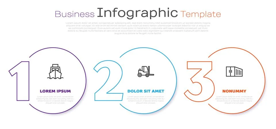 Set line Cargo ship with boxes delivery, Forklift truck and Container. Business Illustrazione stock