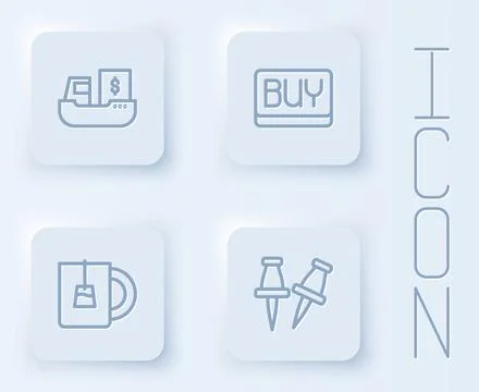 Set line Cargo ship with boxes delivery, Buy button, Cup of tea and Push pin イラスト素材