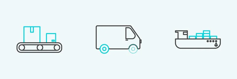 Set line Cargo ship with boxes delivery service, Conveyor belt cardboard and 스톡 일러스트