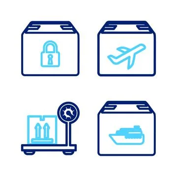 Set line Cargo ship with boxes, Scale cardboard, Plane and and Locked package Stock Illustration