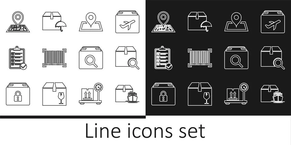 Set line Cargo ship with boxes, Search package, Placeholder on map, Barcode 스톡 일러스트