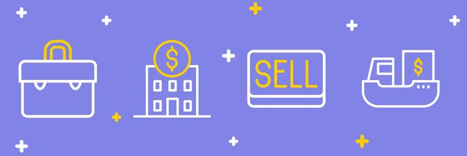 Set line Cargo ship with boxes delivery, Sell button, Bank building and Bri.. Illustrazione stock