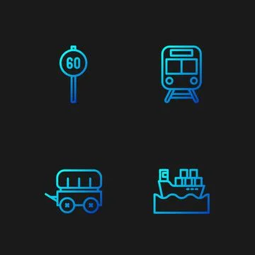 Set line Cargo ship with boxes, Wild west covered wagon, Speed limit traffi.. 库存插图