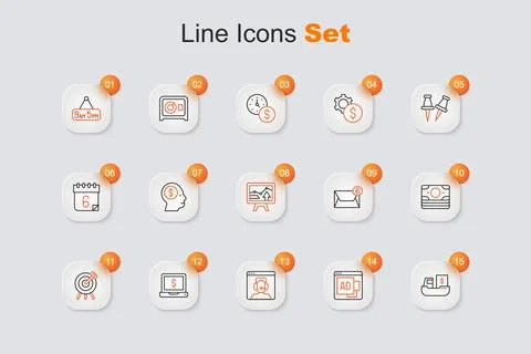 Set line Cargo ship with boxes delivery, Advertising, Telephone 24 hours su.. Illustrazione stock