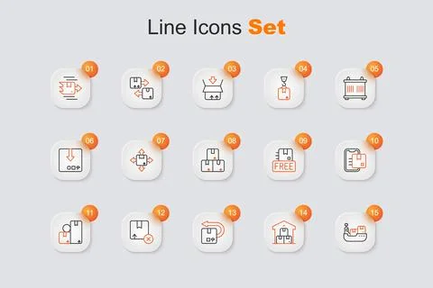 Set line Cargo ship with boxes delivery, Full warehouse, Return cardboard, .. Illustrazione stock