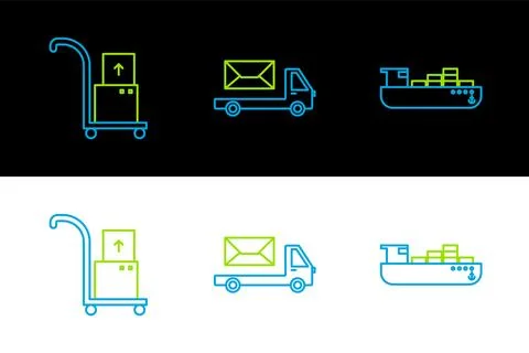 Set line Cargo ship with boxes delivery service, Hand truck and and Post ic.. Stock-Illustration