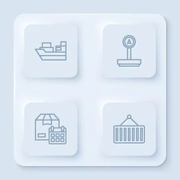 Set line Cargo ship with boxes delivery, Scale, Cardboard calendar and Cont.. 스톡 일러스트