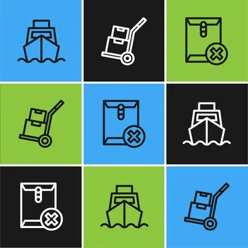 Set line Cargo ship with boxes delivery, Delete envelope and Hand truck and.. Stock Illustration