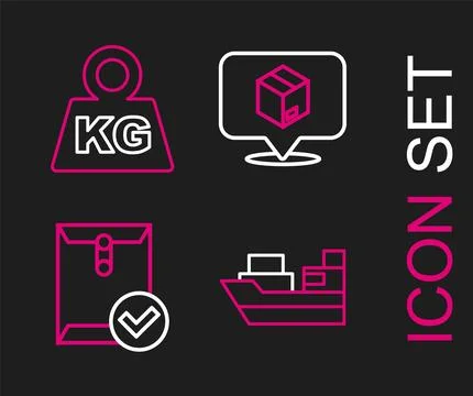 Set line Cargo ship with boxes delivery, Envelope and check mark, Location .. Illustrazione stock