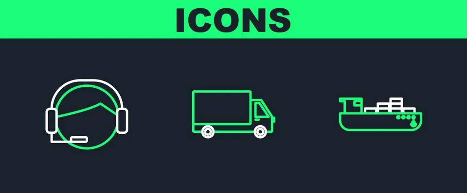 Set line Cargo ship with boxes delivery service, Support operator in touch .. Illustrazione stock