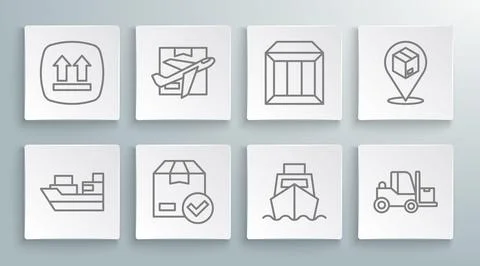 Set line Cargo ship with boxes delivery, Plane and cardboard, ackage check .. Illustrazione stock