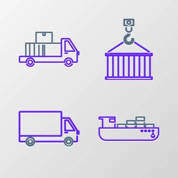 Set line Cargo ship with boxes delivery service, Delivery cargo truck vehic.. Stock Illustration