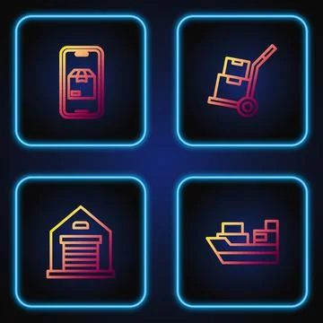 Set line Cargo ship with boxes delivery, Warehouse, Mobile app tracking and.. 库存插图