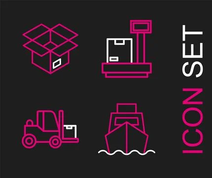 Set line Cargo ship with boxes delivery, Forklift truck, Scale cardboard an.. Stock Illustration