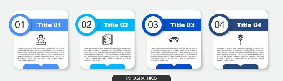 Set line Cargo ship, Broken road, Hatchback car and Road traffic signpost Stock Illustration