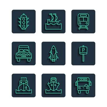 Set line Cargo ship, Bus, Train and railway, Rocket with fire, Traffic ligh.. Stock Illustration