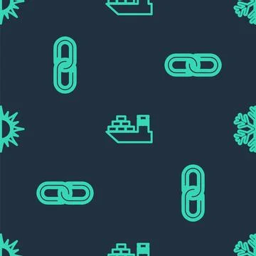 Set line Cargo ship, Chain link and Sun and snowflake on seamless pattern. Ve イラスト素材