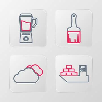 Set line Cargo ship, Cloud, Paint brush and Blender icon. Vector Stock Illustration