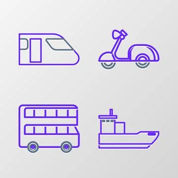 Set line Cargo ship, Double decker bus, Scooter and Train icon. Vector Stock Illustration