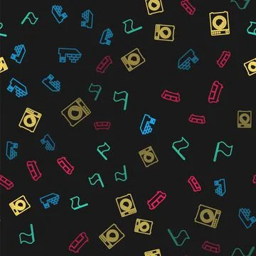 Set line Cargo ship, Flag, Washer and Sofa on seamless pattern. Vector Illustrazione stock