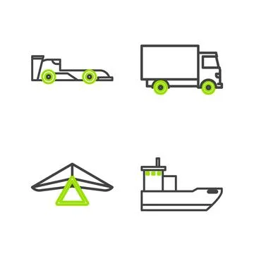 Set line Cargo ship, Hang glider, Delivery cargo truck vehicle and Formula race Stock Illustration